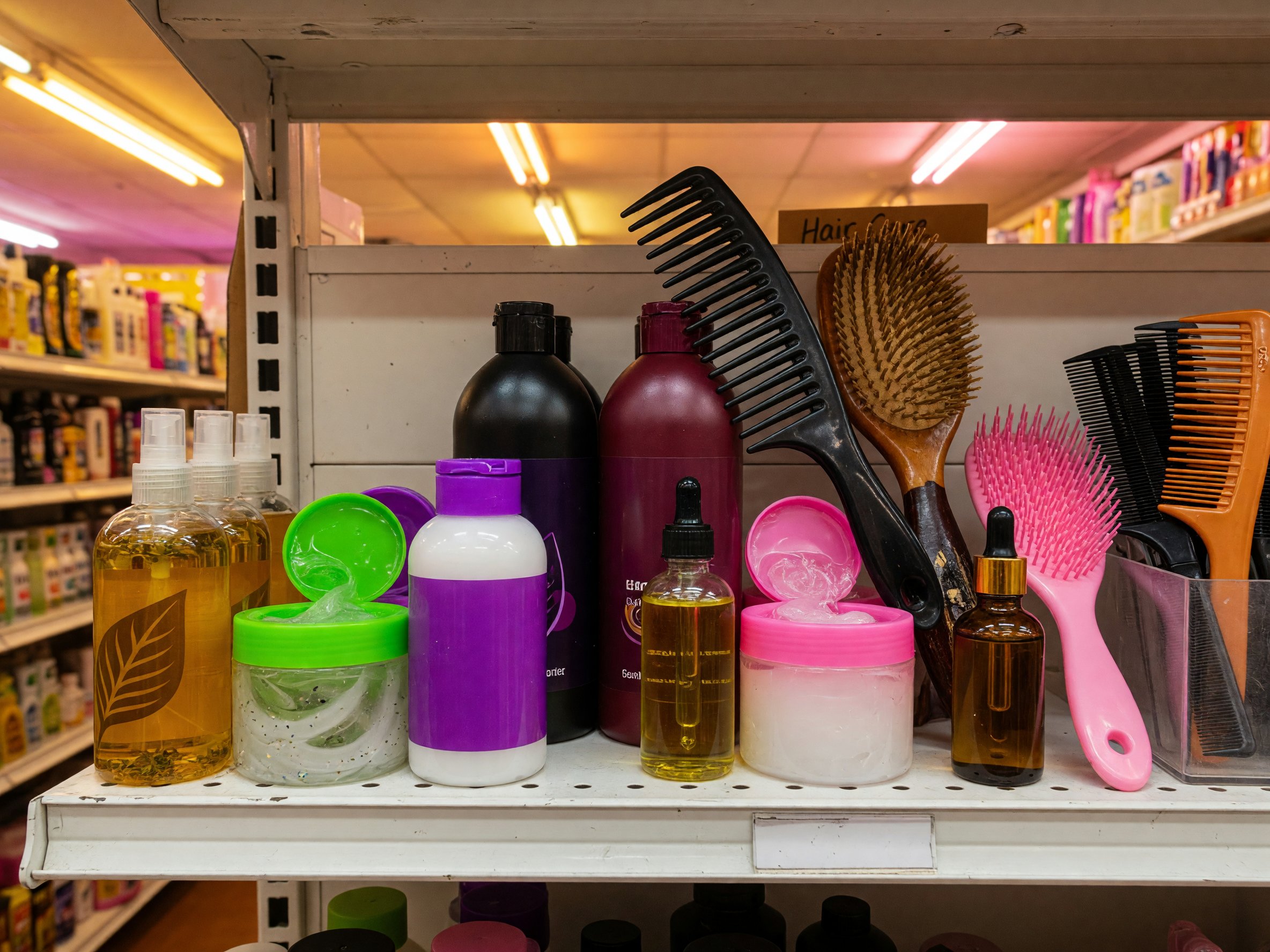 Hair care products on a beauty supply shelf.