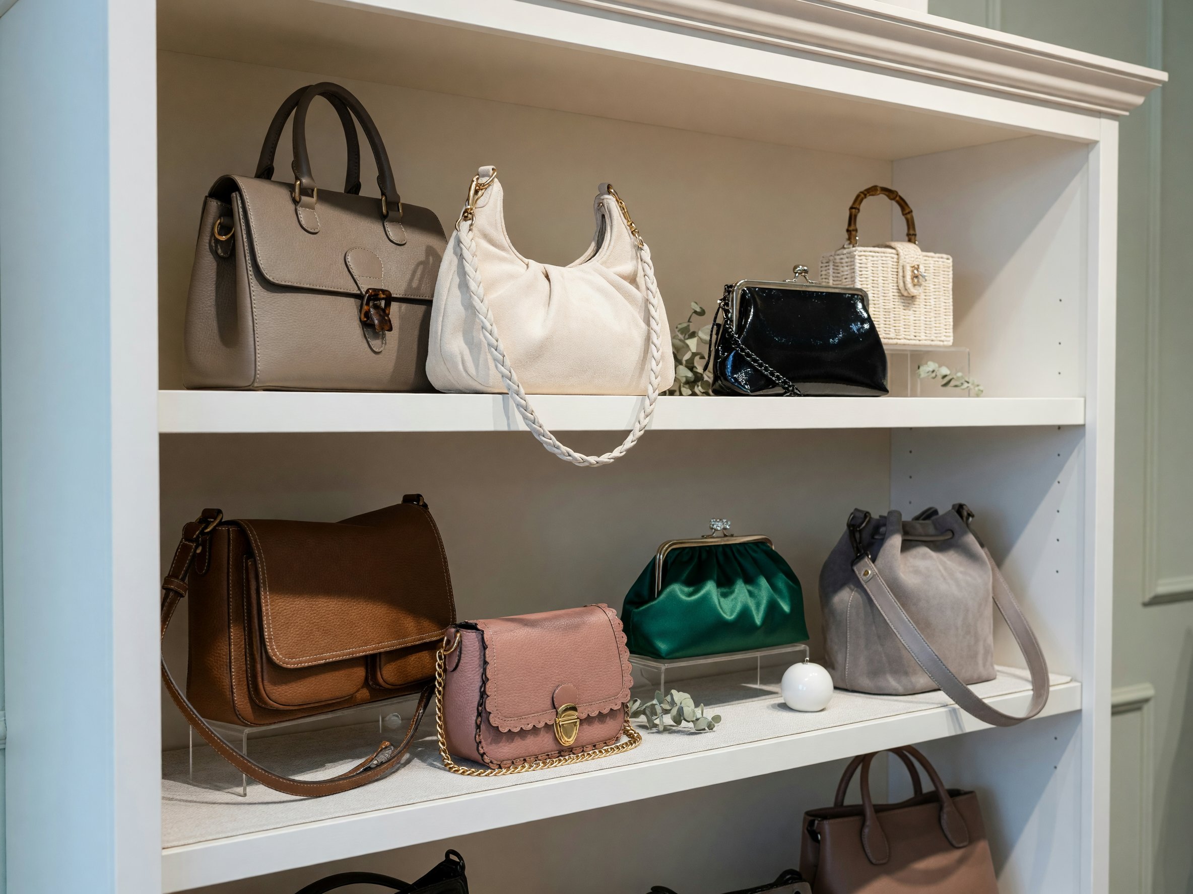 Women's handbags and purses on a shop display.