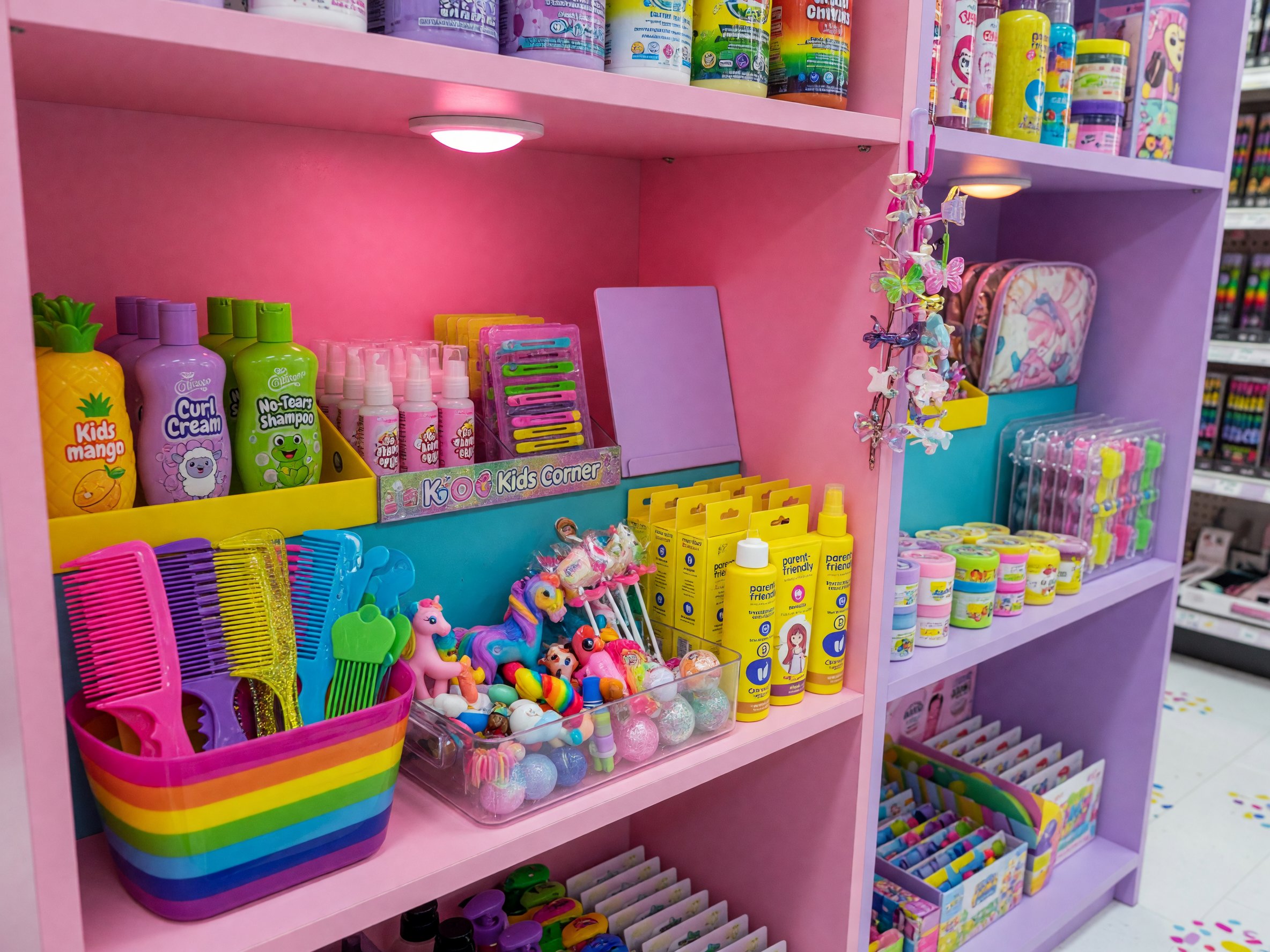 Kids and everyday picks on a bright shelf.