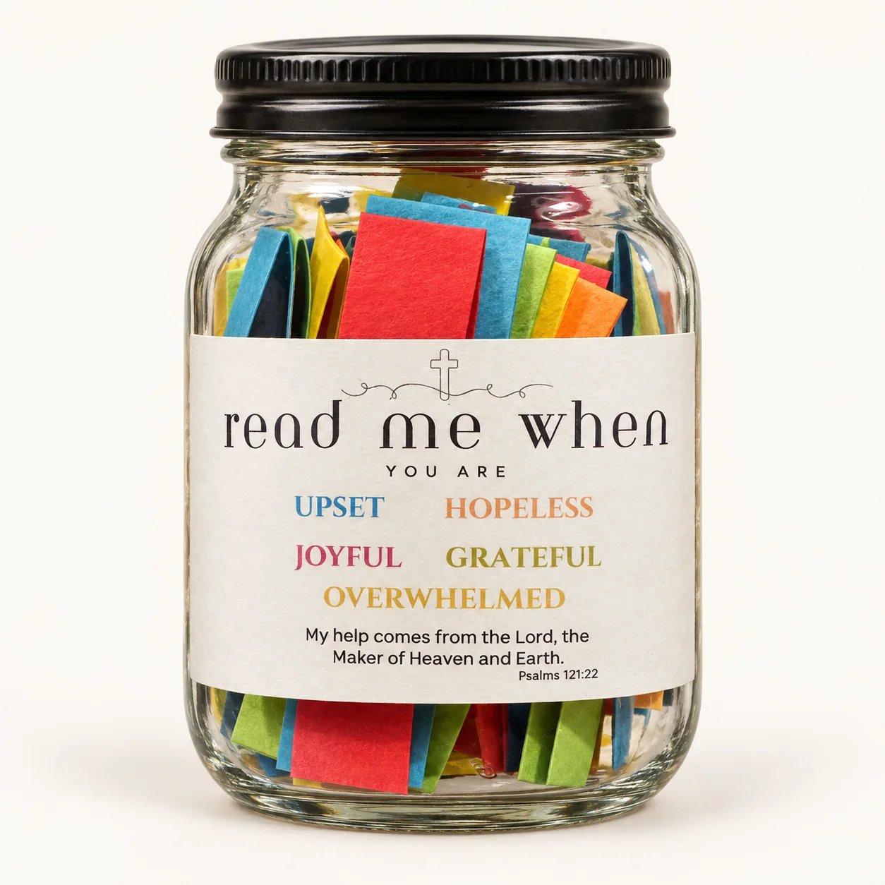 Glass jar of folded scripture cards labeled Read Me When