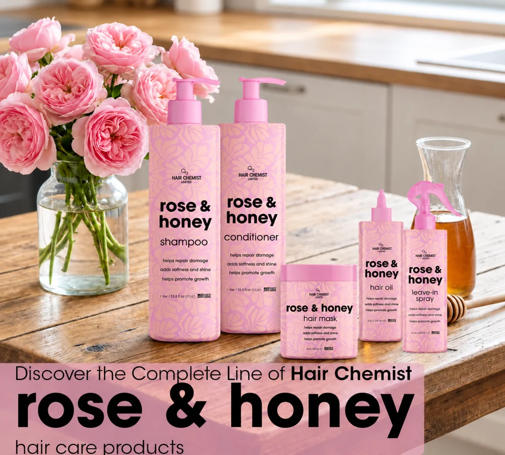 Hair Chemist rose and honey hair care set with shampoo, conditioner, mask, oil and leave-in spray